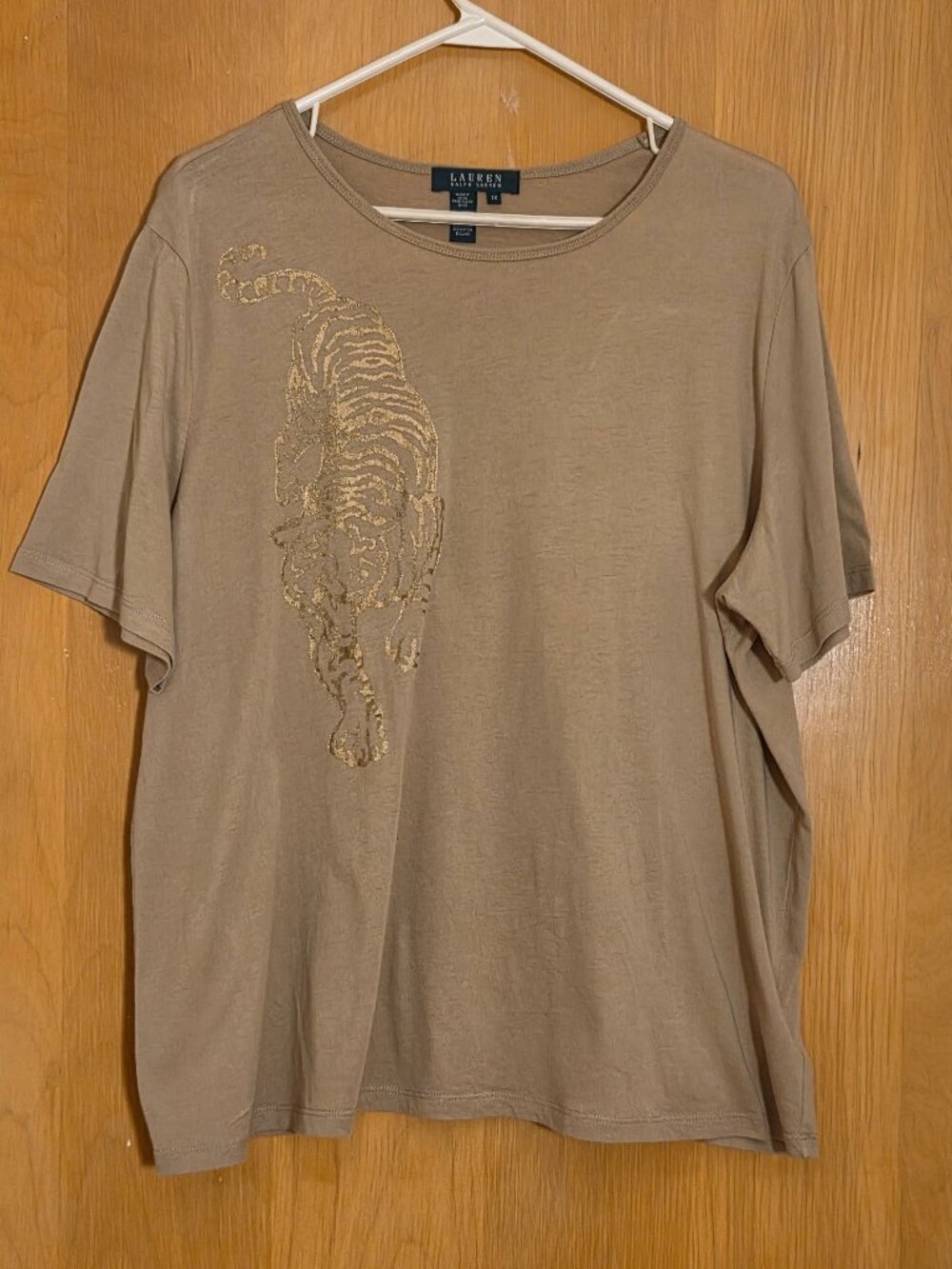 Lauren Ralph Lauren Tiger Top Womens 2X Tan Y2K Gold Graphic Streetwear Casual